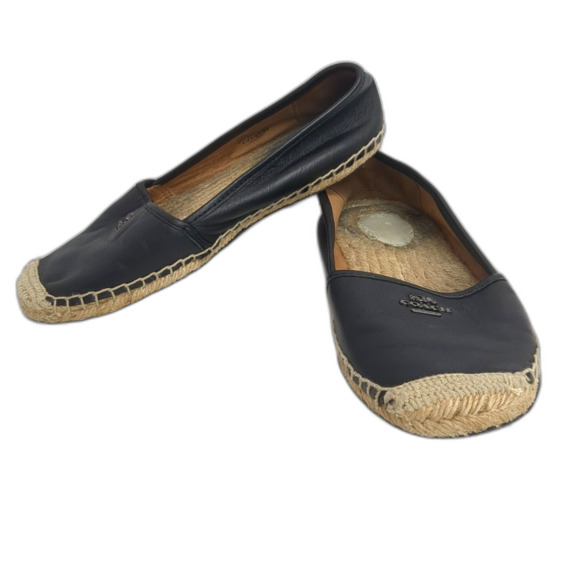 Coach Rhodelle Espadrilles Shoes Size 7 Black Leather Vacation Nautical Flats - Picture 2 of 11